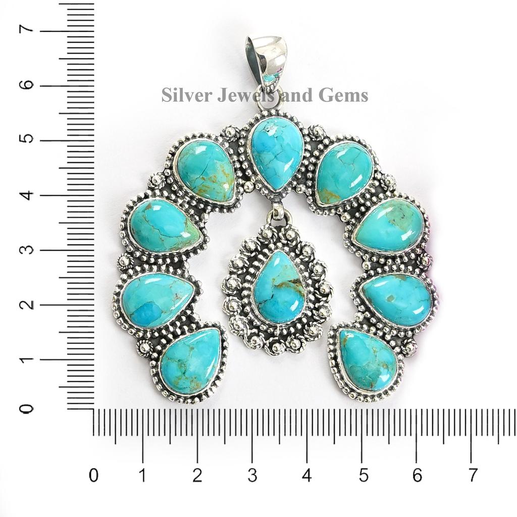 Natural Turquoise Horse Shoe Pendant, 925 Sterling Silver Cluster Pendant, Kingman Turquoise Multi Stone Pendant, Wedding Pendant