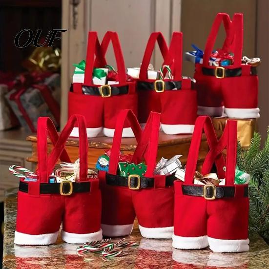 Santa Pants Treat Containers Christmas Gift Bag, Red Plush Candy Tote with Handles Novelty Present Wraps for Wine Bottle, Holiday Party Favor