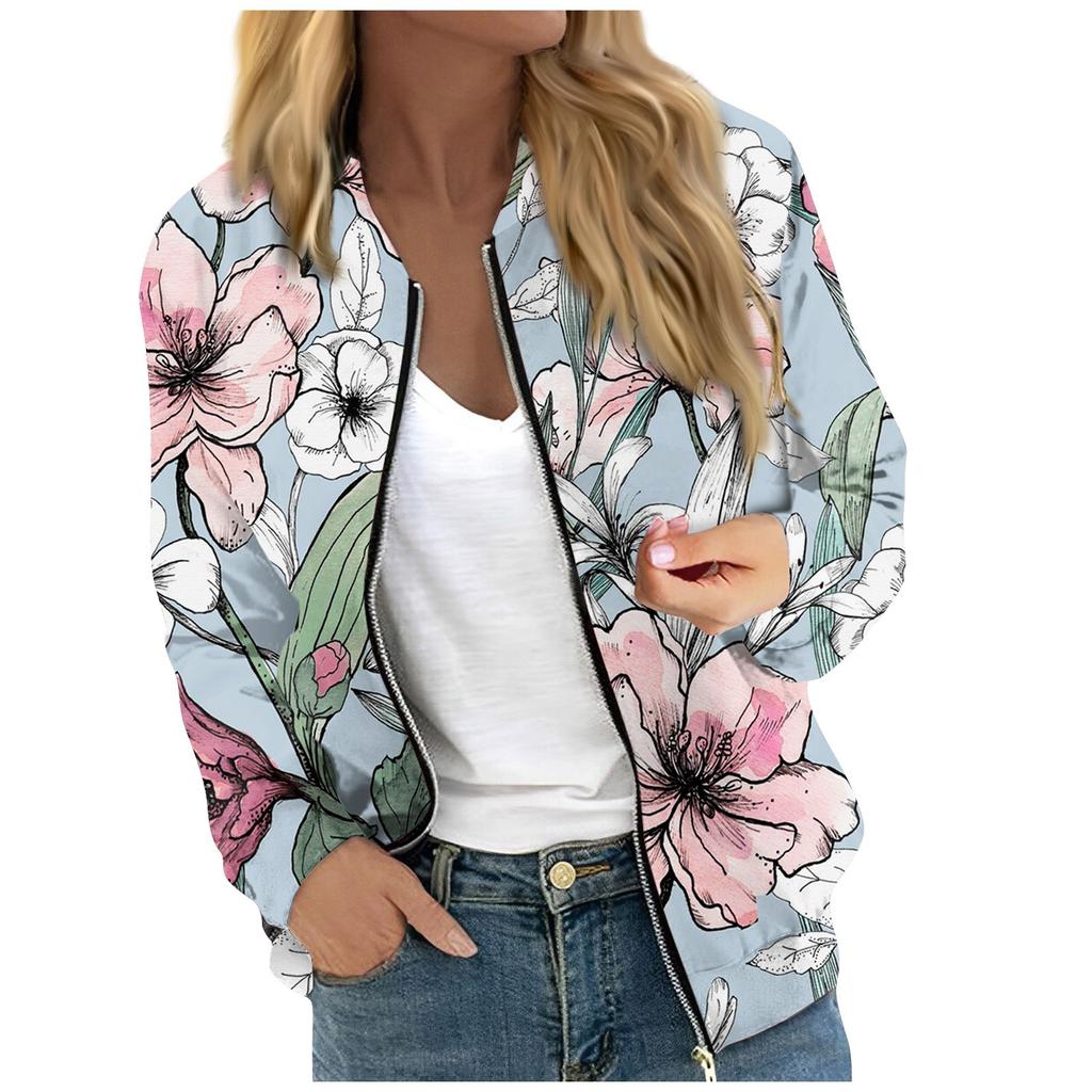 Women's Fashionable Casual Long Sleeve Floral/Leaf Print Round Neck Zipper Jacket