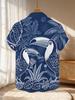 New Men's Casual Short-Sleeve Shirt with Blue Base and White Pattern Featuring a Toucan and Tropical Vegetation, Versatile for Holiday Parties and
