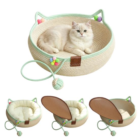 Natural Cotton Cat Basket Handwoven Rope Bed, Scratchable Indoor Sleeping Basket, Breathable Pet Nest with Handles Round House for Cats