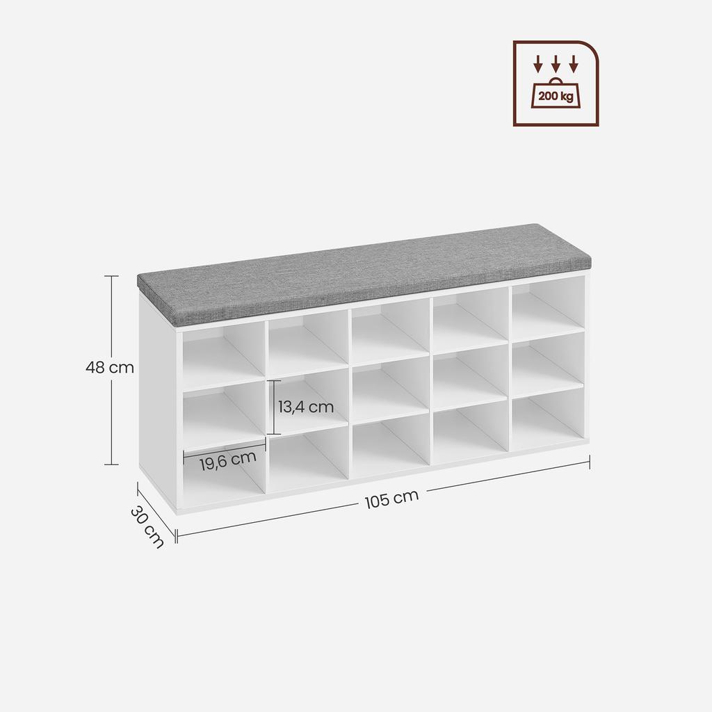 VASAGLE LHS15WT Shoe Bench Bench Shoe Rack with Seat with Cushion and 15 Compartments Storage Rack for Hallway Holds up to 200 kg White Grey