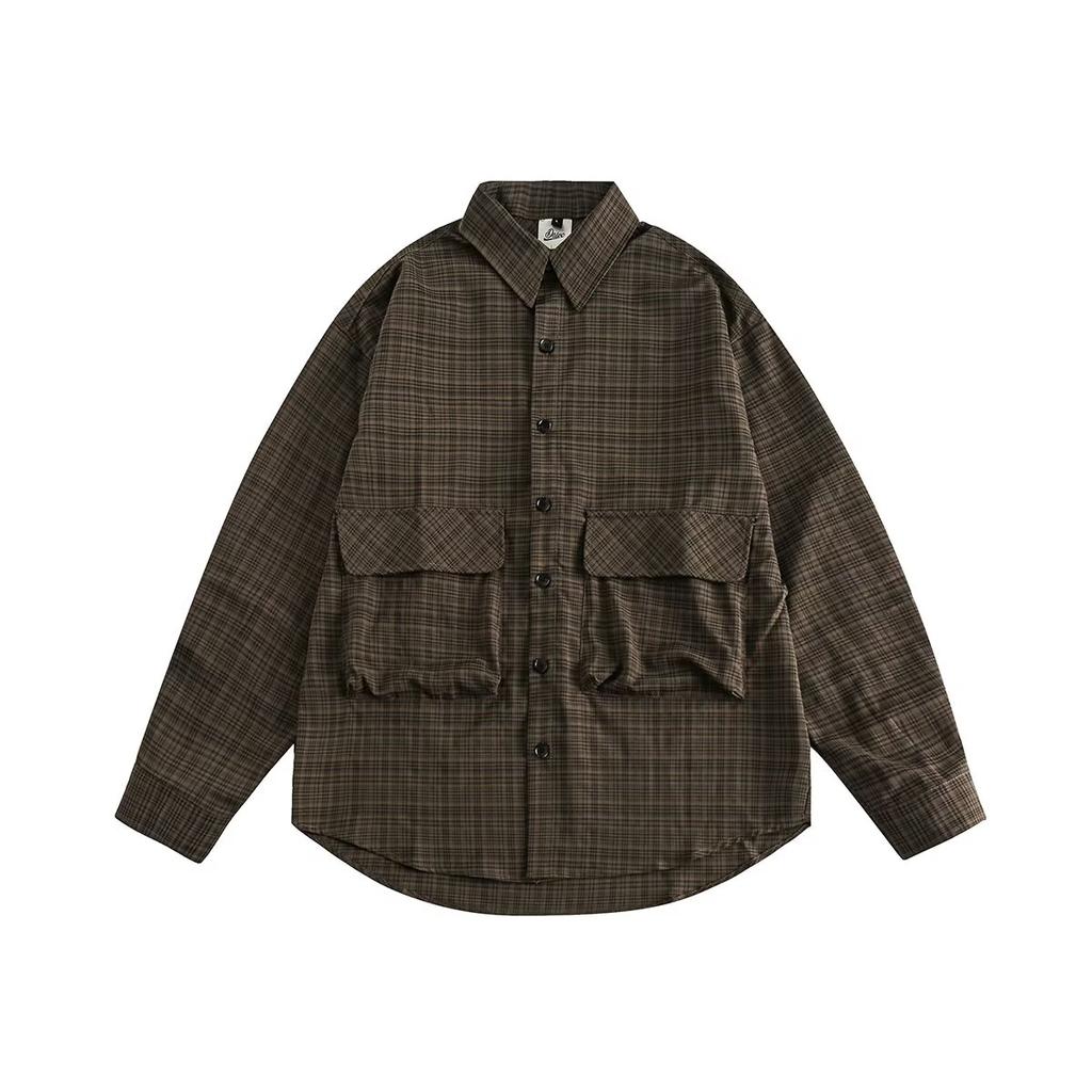 Рубашка в японском стиле в стиле ретро с большим карманом, с длинными рукавами, для мужчин и женщин, винтажная, с несколькими карманами, контрастного цвета, для пары, рубашка, пальто