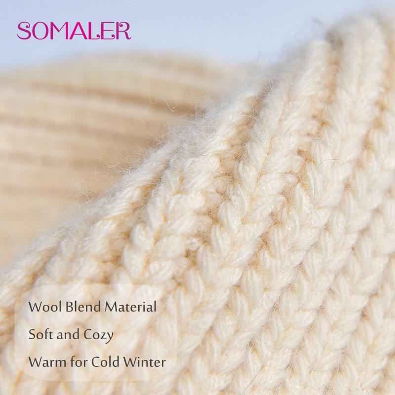 SOMALER Зимняя вязаная шерстяная шапка с меховым помпоном для девочек, женская модная пушистая теплая шапка-бини с манжетами и помпоном, женская осенне-осенняя повседневная кепка