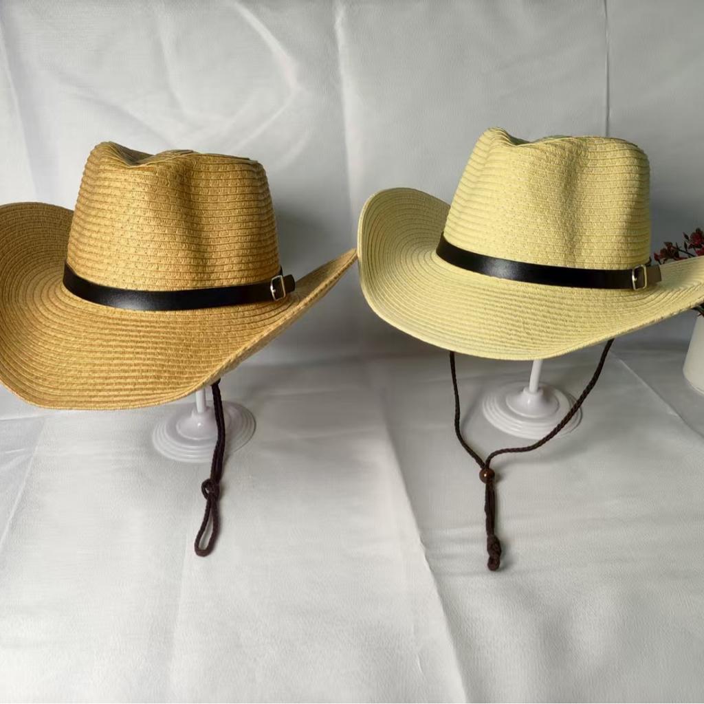 New retro ethnic style cowboy hat men's and women's cone top holiday seaside travel, showing a small face, fashionable straw hat