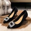 Fashion Shallow Mouth Pointed Single Shoes Black Soft Sole High Heels Women's 2025 New Rhinestone Thin Heel Not Tired Feet Work Shoes