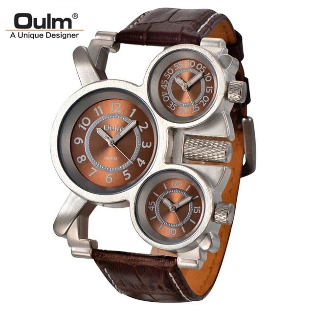 Oulm 1167 Luminous Hands Male Quartz 3 Time Zone Wristwatch Men Sport Unique Design Leather Mesh Steel Strap Men's Watches