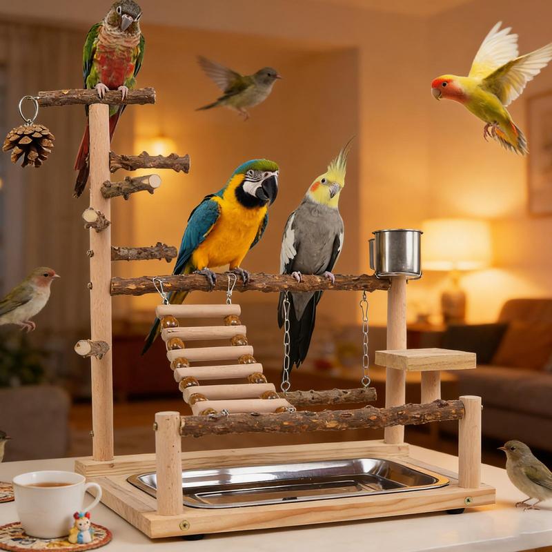 Parrot Playground Wooden Toy Gym Bird Swing With Stainless Steel Cup And Tray For Cockatiel Conure Finch Lovebird Exercise