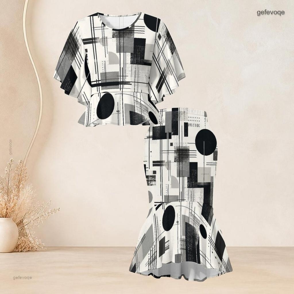 Women Plus Size Printed Two Piece Set Round Neck Batwing Sleeve Ruffle Hem Top Fishtail Skirt