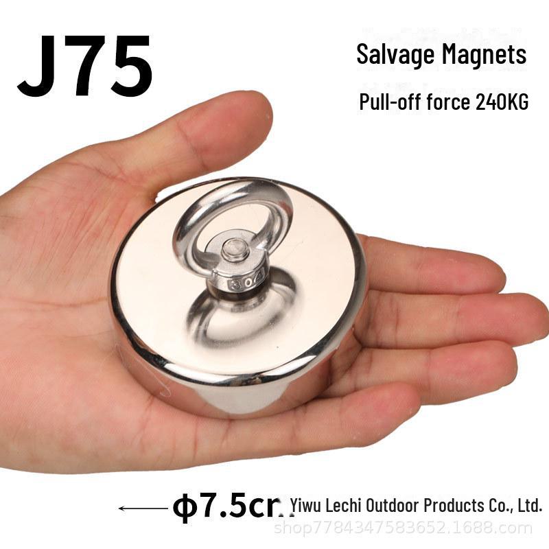 Мощный магнитный спасательный магнит J48 с магнитом NdFeB, основанием с присоской и подъемным кольцом для надежного удержания и фиксации.