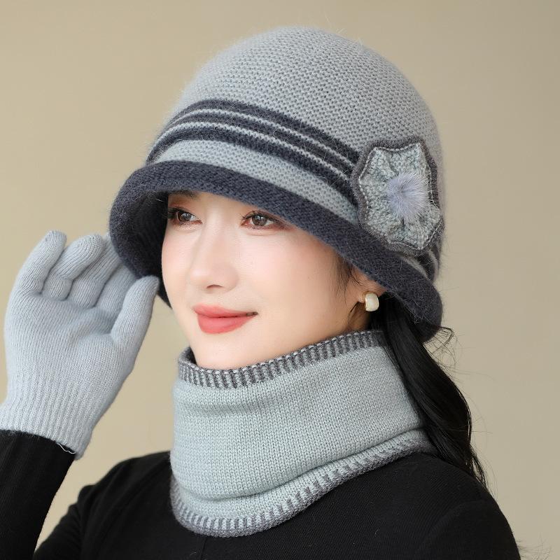 New Winter Warm Basin Hat for Women Fashionable and Fashionable Middle Aged and Elderly Mothers Hat Plus Velvet Thickened Rabbit Wool Knitted Hat