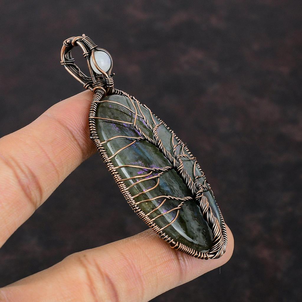 Подвеска Древо Жизни Мистический Огонь Лабрадорит Драгоценный Камень Медная Проволока Обмотанные Украшения Подвеска Радужный Лунный Камень Медная Подвеска Ручной Работы Для Подарка