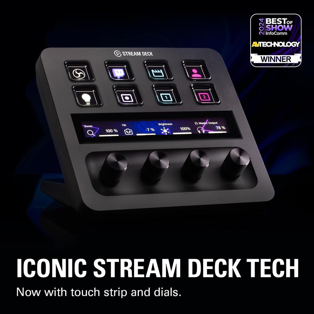 Elgato Stream Deck Audio Контроллер для прямой трансляции и студии для контента Настраиваемая сенсорная полоса и регуляторы и ЖК-дисплей Черный +, USB-C Микшер, Креаторы,