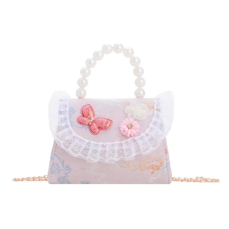 Embroidered Pearl Lace Chain Childrens Crossbody Bag Suitable Daily For