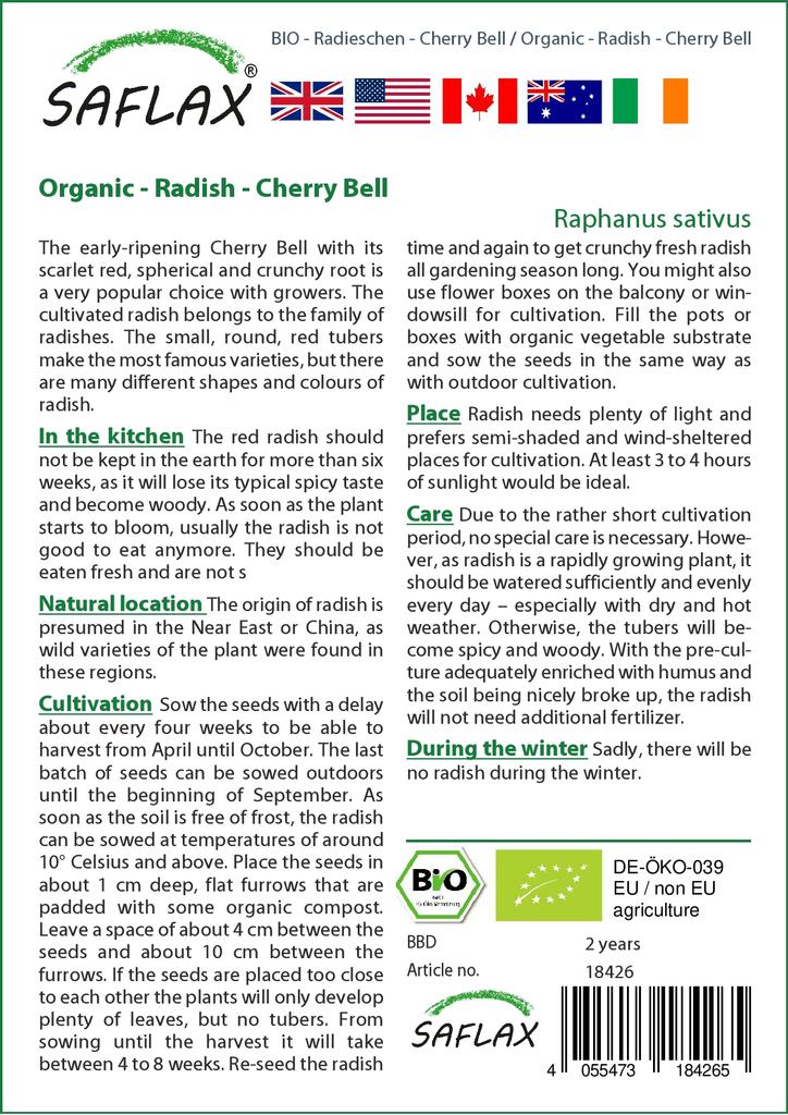 SAFLAX Garden in the Bag - Органический - Редис - Cherry Bell - 100 семян - С субстратом в подходящем стоячем пакете - Raphanus sativus