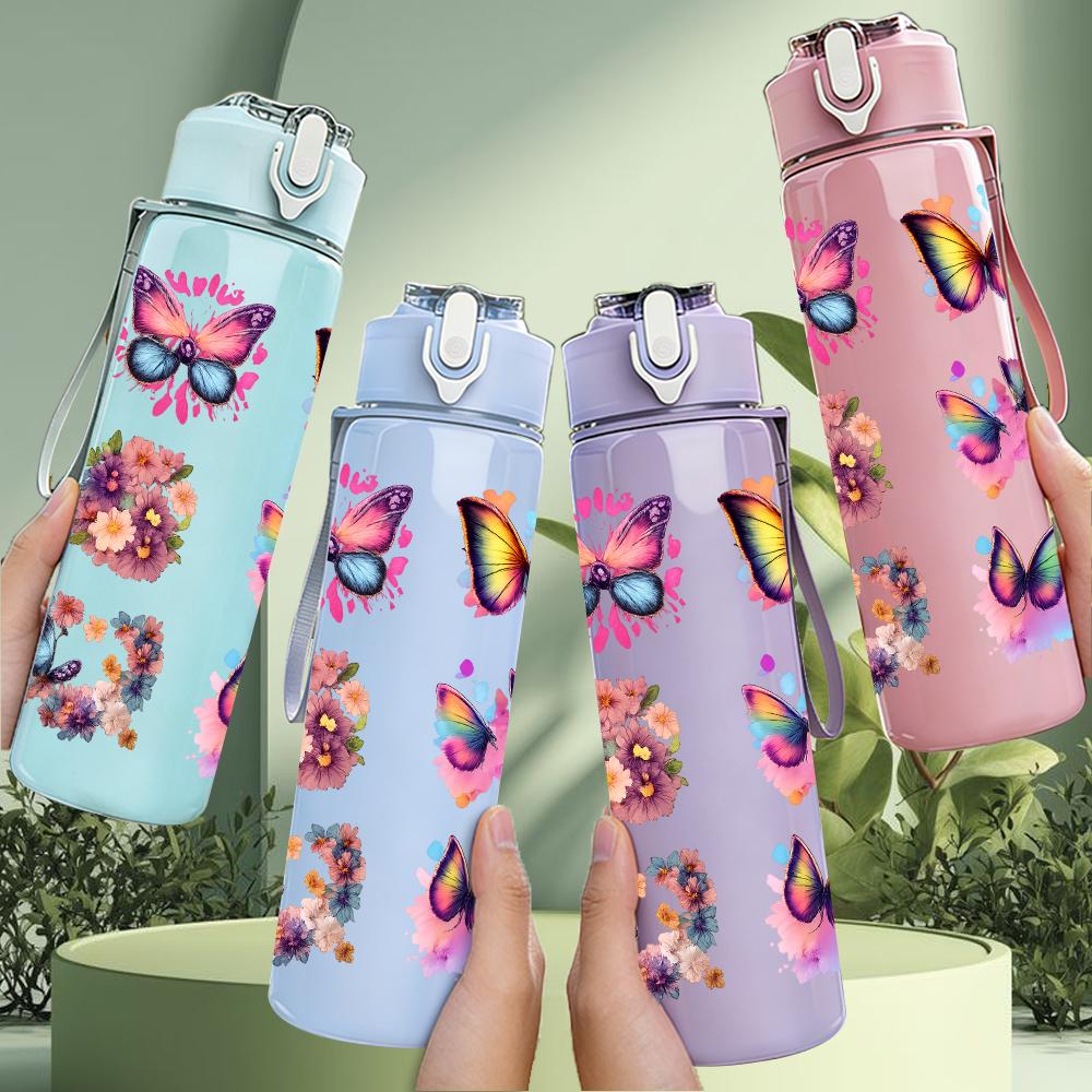 1PC Multi Color Butterfly Collage Graphic,750ml Color Plastic Sports Water Bottle,Leakproof Flip Straw Lid,Suitable for Sports Office Home Use