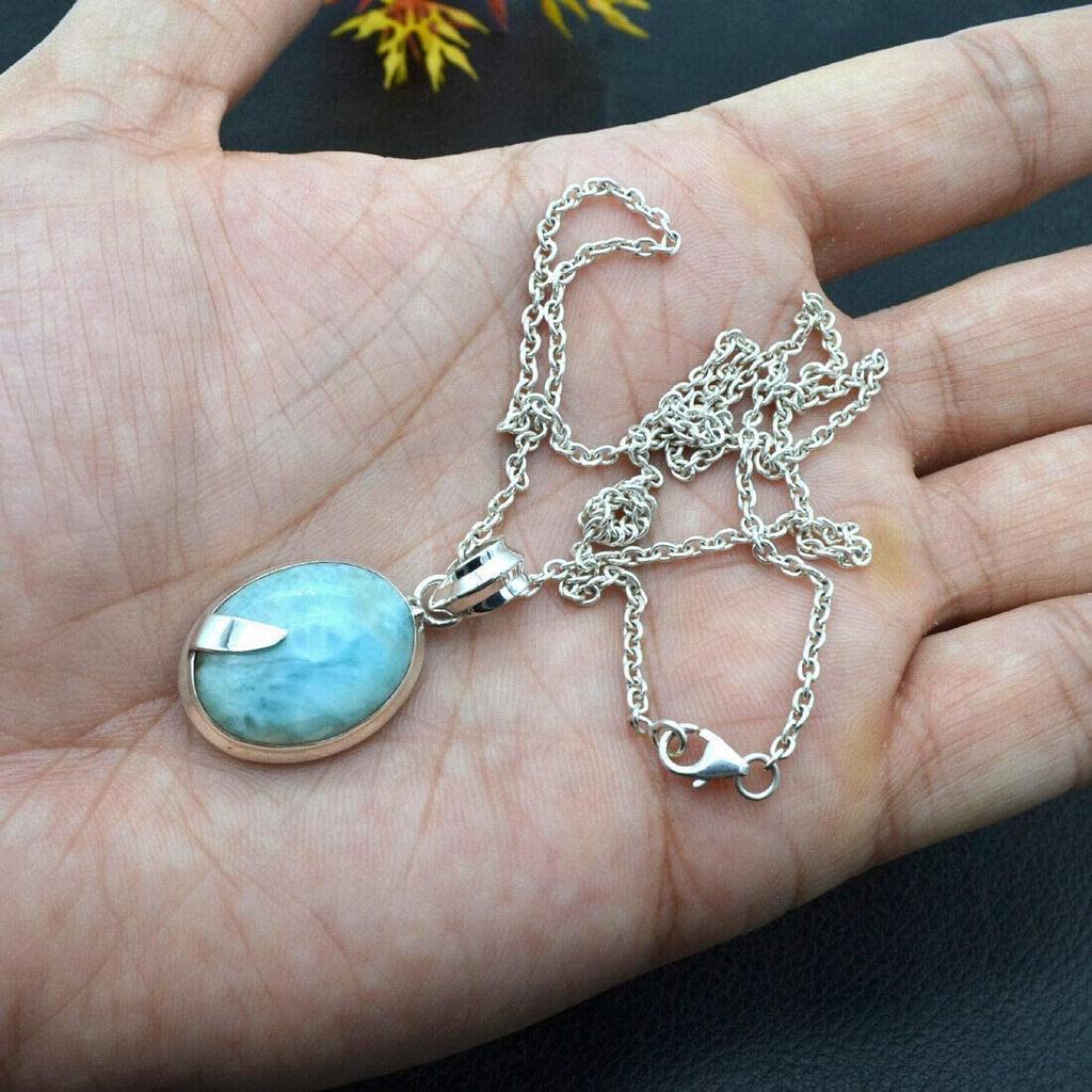 Овальный Кабошон Натуральный Ларимар (14,52 карата) Ожерелье с подвеской Твердая подвеска из стерлингового серебра 925 пробы с цепочкой Ювелирные изделия для женщин или девочек