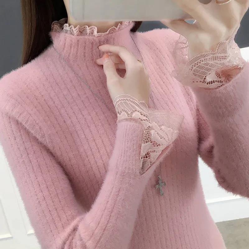 Свитер с воротником из искусственного норкового флиса, женский модный кружевной лоскутный пуловер, эластичная узкая вязаная нижняя рубашка