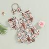 Girls Romper Head Band Suit Summer Fly Sleeve Square Neck Bull Print Romper Bow Headwear