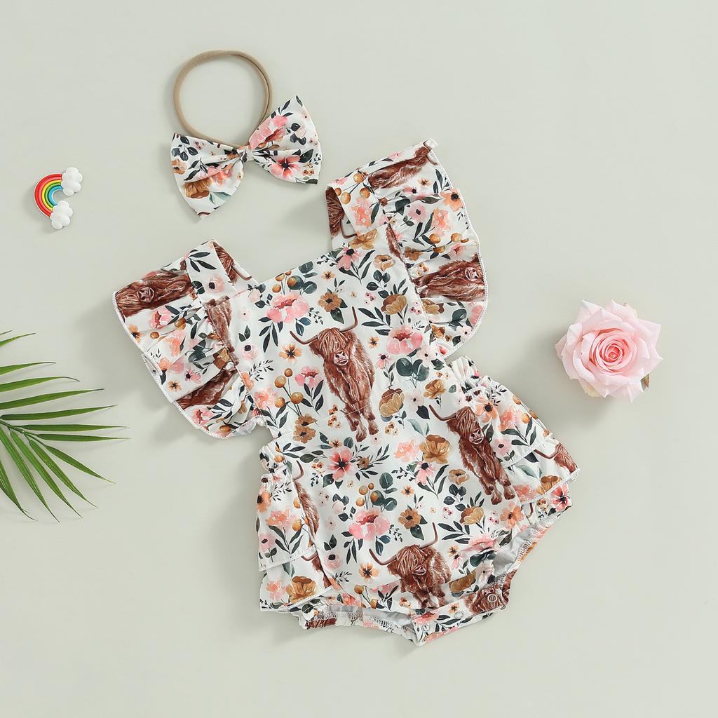 Girls Romper Head Band Suit Summer Fly Sleeve Square Neck Bull Print Romper Bow Headwear