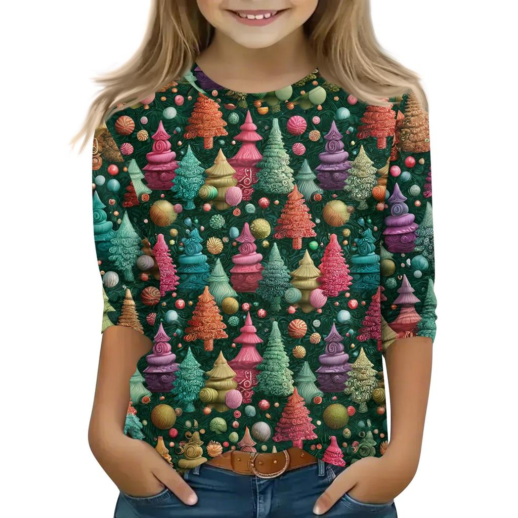 Детские топы с рукавом 3/4, повседневная футболка с рождественским принтом, пуловер с круглым вырезом