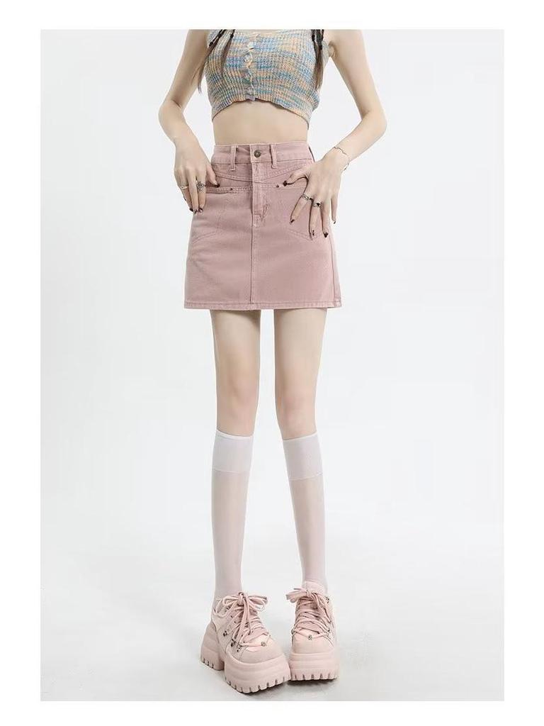 Women's Summer Dirty Pink High Waist Denim A-Line Skirt - Slim Fit, Anti-Exposure, Non-Elastic.
