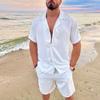 Plus Size Mens Casual Linen Two Piece Sets Europe Style Vintage Tops Blouse and White Shorts Suit Male Beach Tracksuits Set