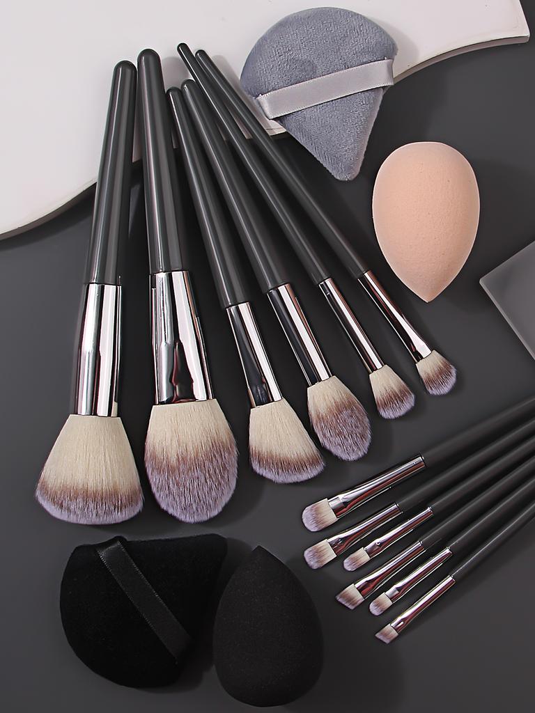 2025 New 12Pcs Makeup Brushes+2 Beauty Blenders+2 Triangle Sponge Puffs Set Soft Bristle Latex-Free For Full Makeup Daily Travel