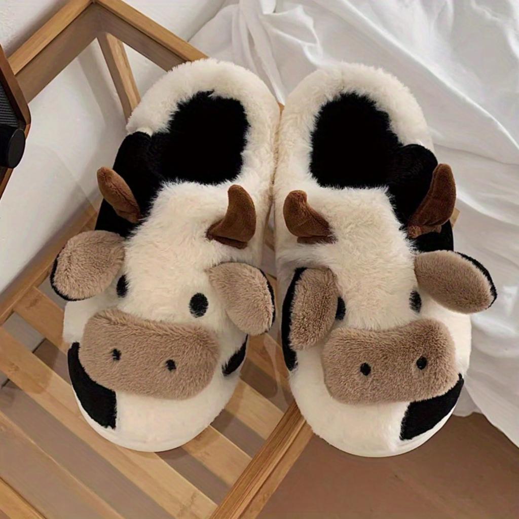 Cute Cow Slippers, Women's and Men's Plush Slippers, Winter Plush Thick Soled Slippers, Indoor Kawaii Shoes, Cartoon Style, Fabric Upper and Insole