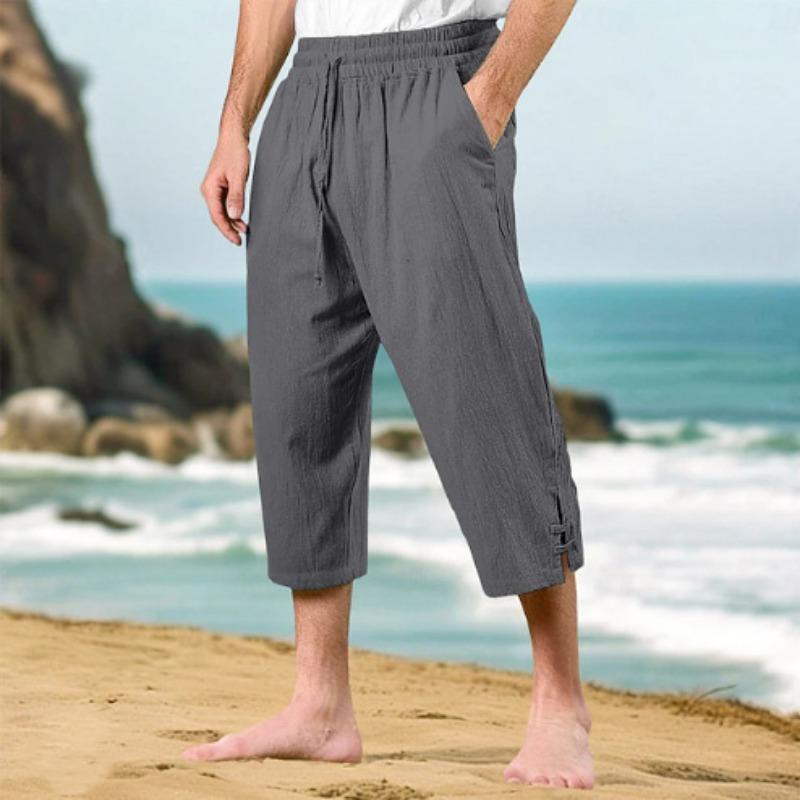 Men's Casual Summer Waist Drawstring Multi-pocket Linen Cropped Pants Beach Pants