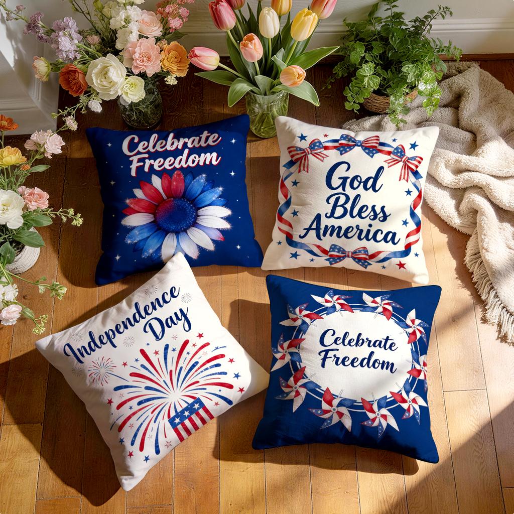 4 Pcs Independence Day Floral Bow Single-Sided Printed Pillowcase Cushion Cover,Suitable For Living Room,Bedroom,Car Decoration