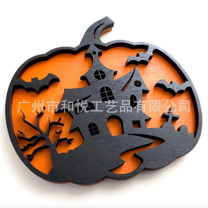Halloween Wood Crafts Pumpkin Carving Pattern Decorative Ornament 3D Pumpkin Bat Ghost Holiday Ornament