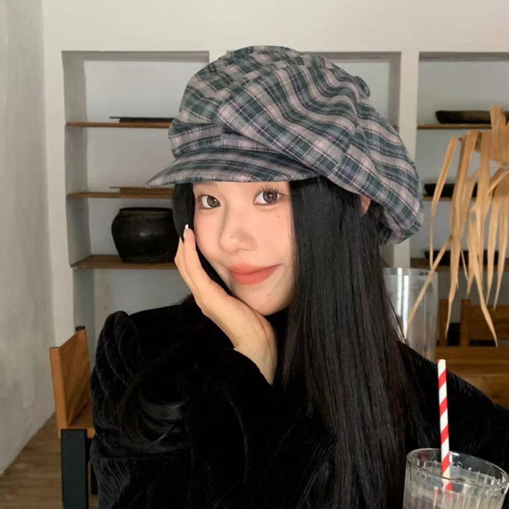 Хлопковая клетчатая кепка-облако тонкая женская восьмиугольная шляпа шляпа художника клетчатый берет летняя