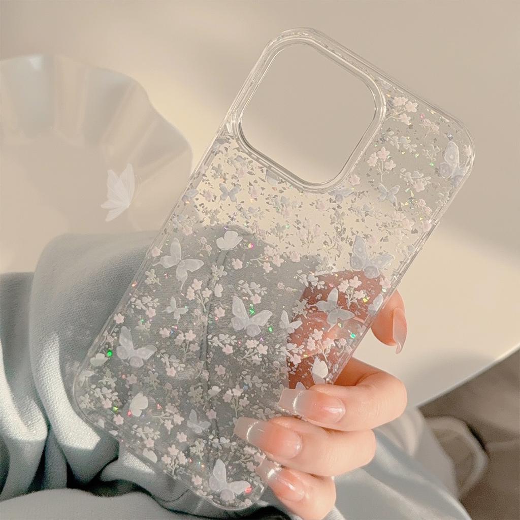 Spring Flowers Suitable for Apple 17promax Mobile Phone Case 16 Glitter Pink Purple Butterfly Iphone14 Transparent 13