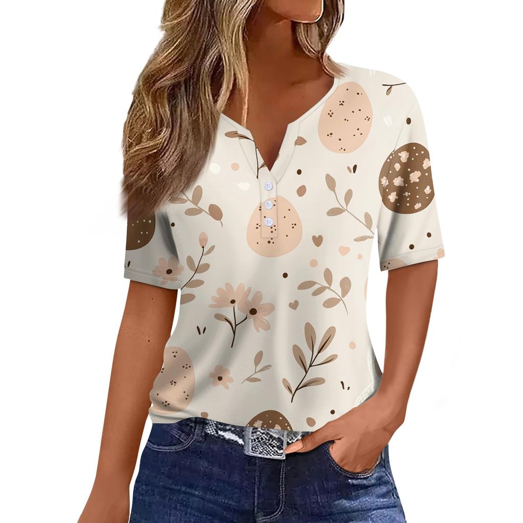 Women's T Shirt Print Button Short Sleeve Daily Weekend Fashion Basic V- Neck Regular Top