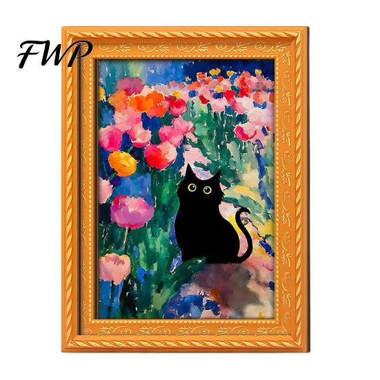 Vintage Frame Refrigerator Decor Oil Painting Cat Magnet, Wooden Black Metal Doors Decorative Magnets Theme Retro Rectangle Magnetic Decoration Photo