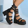 Fashion 2025 Summer Gladiator Sandals Women Metal Rivet Punk Streetwear Wedge Square Heels Platform Ankle Buckle Strap High Quality