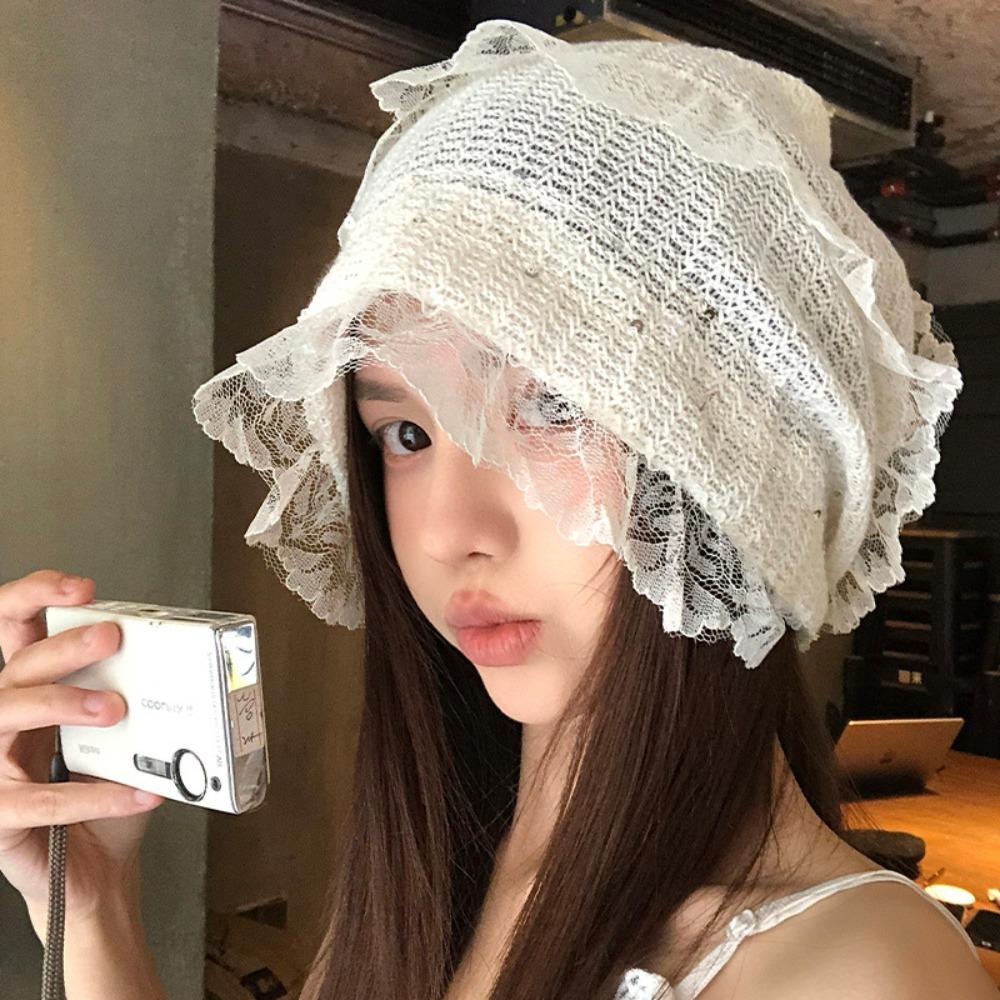 Breathable Beanies Hat Y2k Lace Skullies Hat Korean Fashion Beret Cap Women Girls