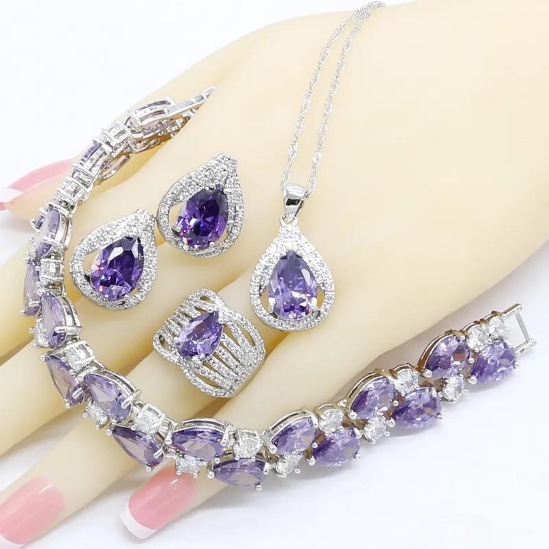 Bridal Jewelry Sets For Women Purple Zircon Bracelet Hoop Earrings Necklace Pendant Rings