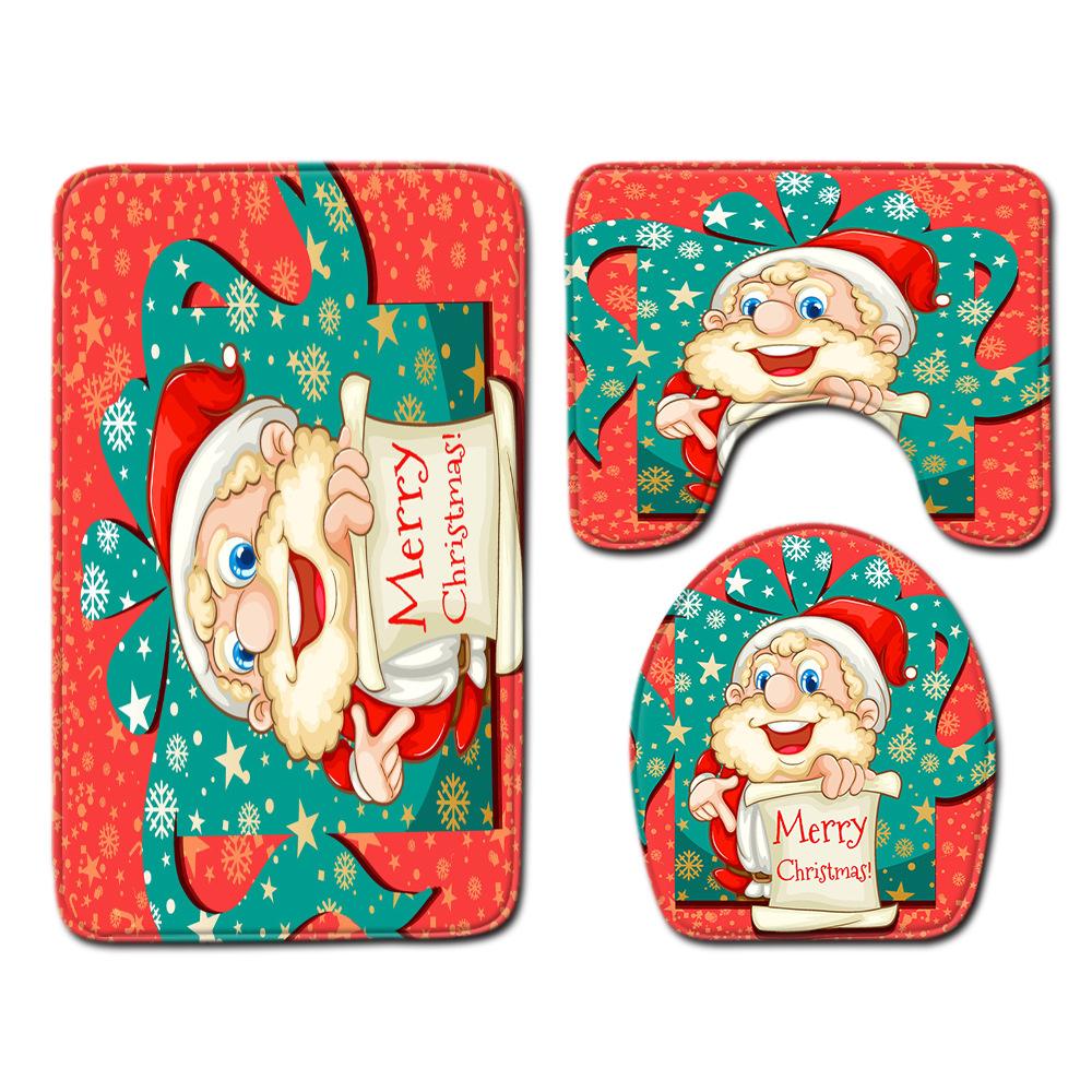 Christmas Waterproof Shower Curtain Four-Piece Floor Mat Combination Set Household Door Mat Bedroom Living Room Carpet