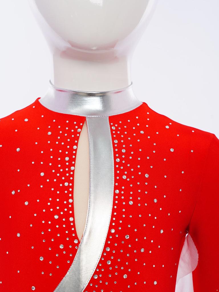 Девочки Гимнастический Купальник Прозрачная Сетка Рюши Дизайн Асимметричный Длинный Рукав Невидимая Молния Купальник На Все Тело