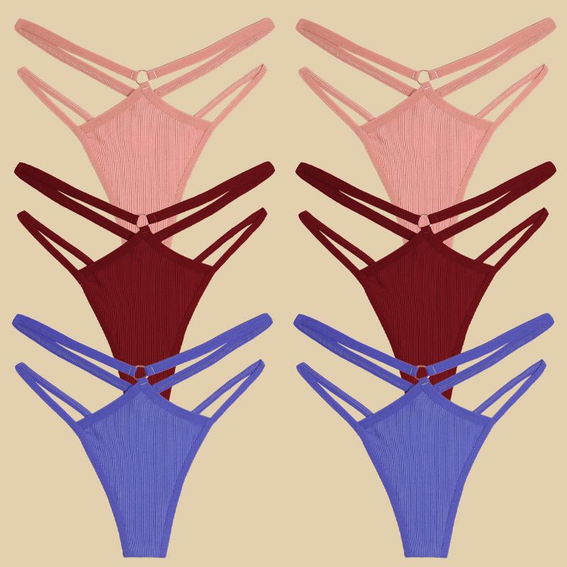 FINETOO 6Pcs Cotton Double Belts Underwear Women Sexy Metal Ring Thongs Low Waist Erotic Lingerie Breathable Comfort Intimates