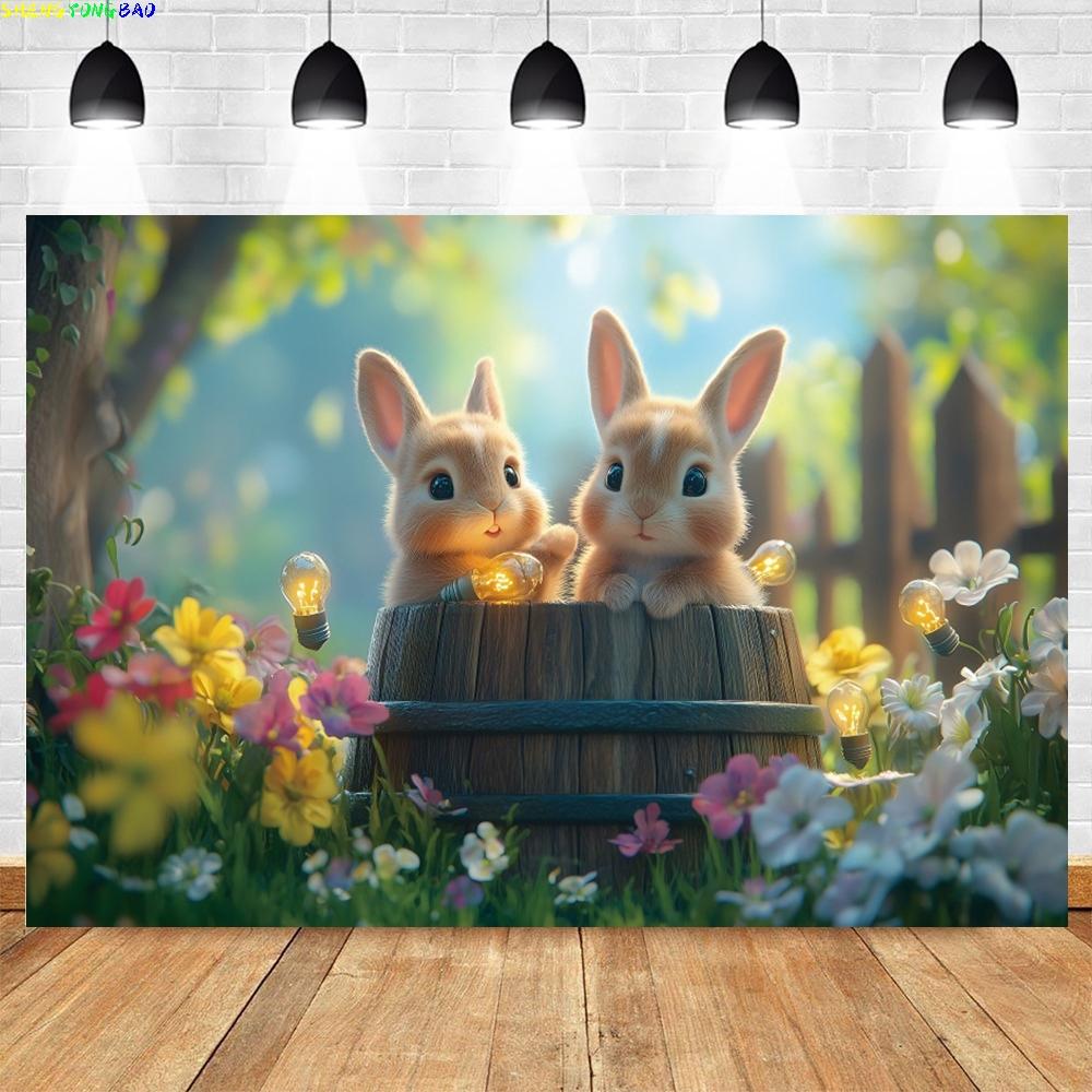 Happy Easter Backdrop Spring Natural Scenery Garden Rabbit Eggs Bunny Easter Adult Kids Portrait Photography Background Decor