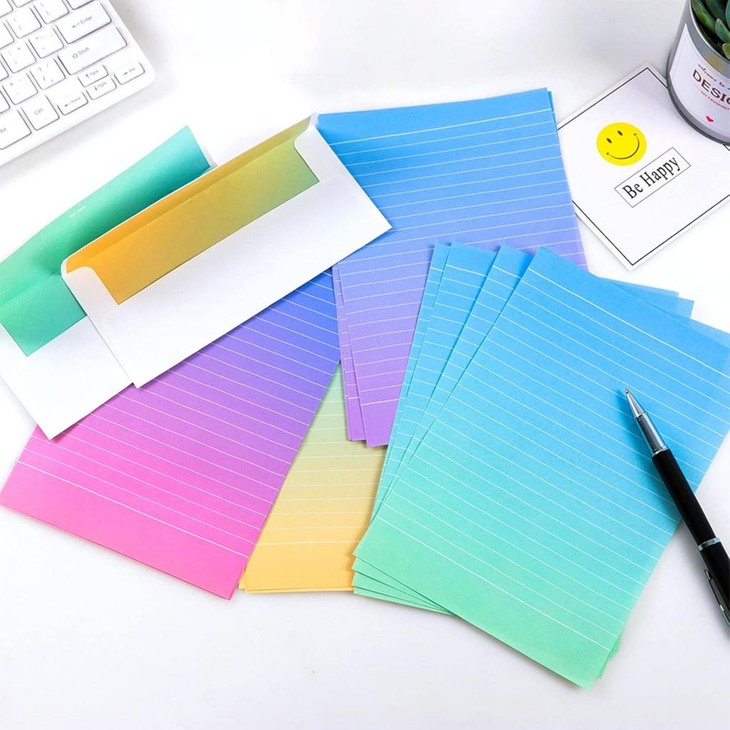 48 Pcs Colorful Stationery Paper and Envelopes Set, 32 Lined Letter Writing Paper, 16 Envelopes & Sticker, Gradient Colors Letter Stationery Set for