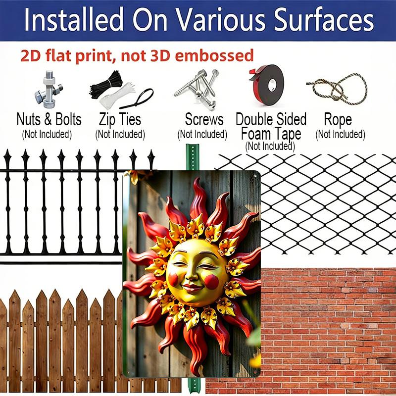 2D Flat, 1pc Trebalena Vintage Sun Face Aluminum Metal Wall Art - Rustic Outdoor/ Sign with Red & Golden Accent, Embossed Sun Suitable for Porch
