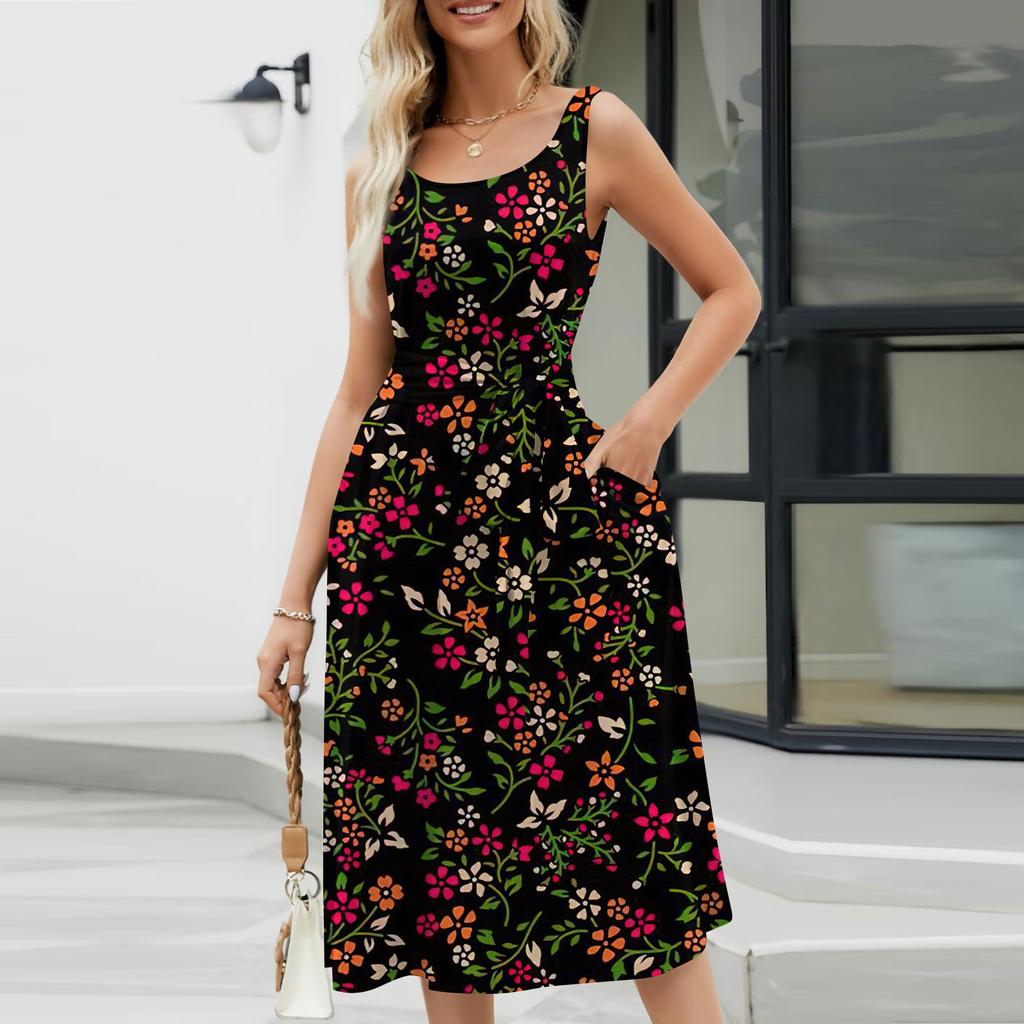 Женское летнее пляжное свободное платье трапециевидной формы средней длины с круглым вырезом и без рукавов, платье-жилет с карманом на шнуровке и цветочным принтом