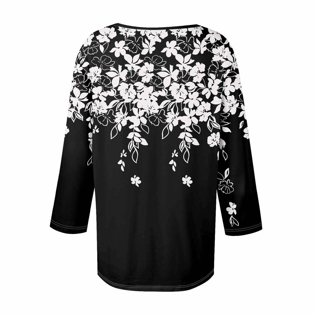 Женская футболка с принтом, пуловер с рукавами 3/4 и V-образным вырезом и пуговицами