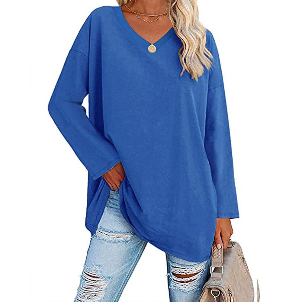 Multi Color Oversized Loose V-neck Solid Color Women's T-Shirts