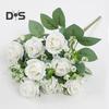 Искусственный букет роз с зелеными листьями на стебле Реалистичные многоразовые искусственные цветочные растения Украшение дома Свадебная вечеринка Фото