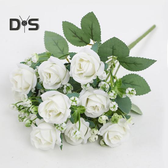 Искусственный букет роз с зелеными листьями на стебле Реалистичные многоразовые искусственные цветочные растения Украшение дома Свадебная вечеринка Фото